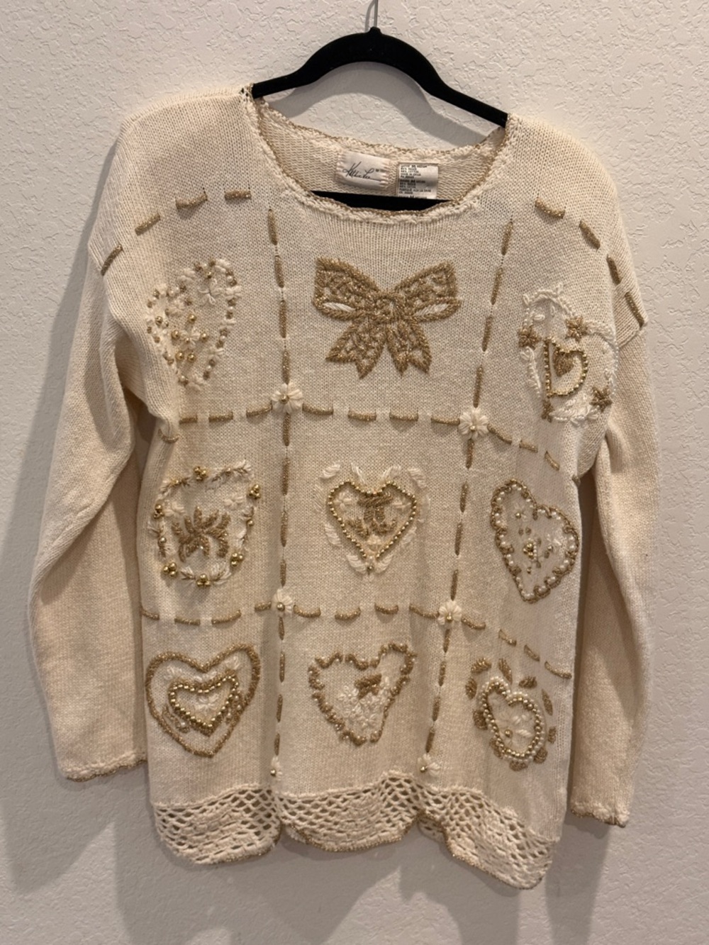 Vintage-Inspired Cream‎ Embellished Vintage Sweater with Gold Accents